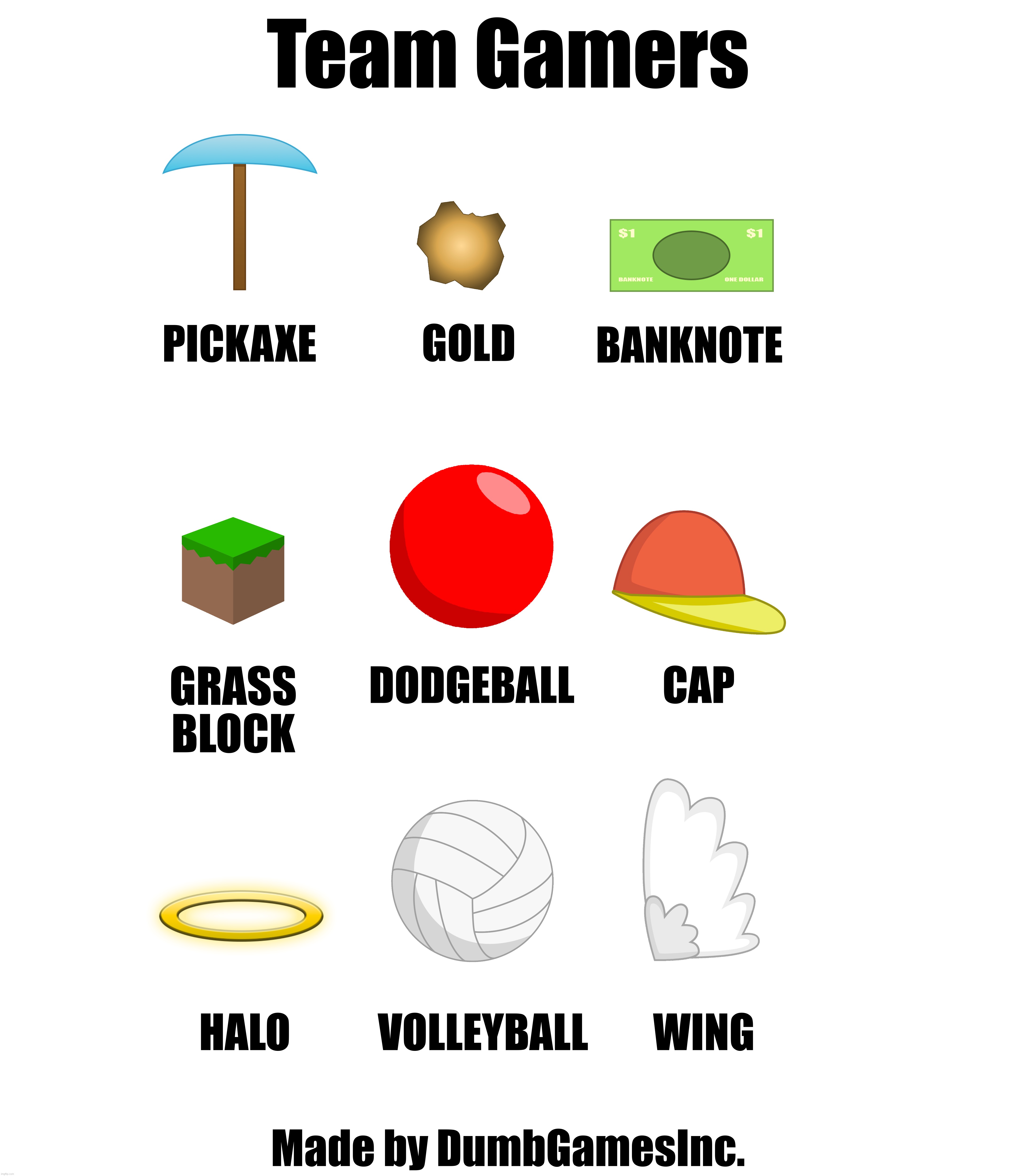 Team Gamers Chart | Team Gamers; GOLD; PICKAXE; BANKNOTE; GRASS BLOCK; DODGEBALL; CAP; HALO; VOLLEYBALL; WING; Made by DumbGamesInc. | image tagged in 2014,osc,team gamers,yftm,object shows,team chart | made w/ Imgflip meme maker
