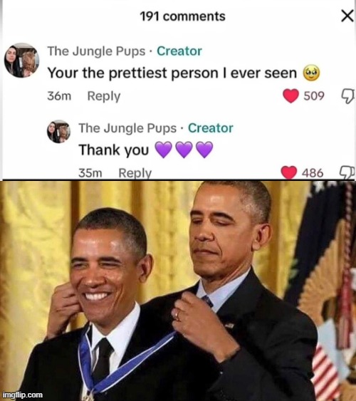 Saw this online and thought of this template immediately | image tagged in obama medal,memes,funny,tiktok,screenshot | made w/ Imgflip meme maker