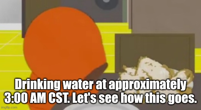Kenny Crying Over Skinned Fried Chicken | Drinking water at approximately 3:00 AM CST. Let's see how this goes. | image tagged in kenny crying over skinned fried chicken | made w/ Imgflip meme maker