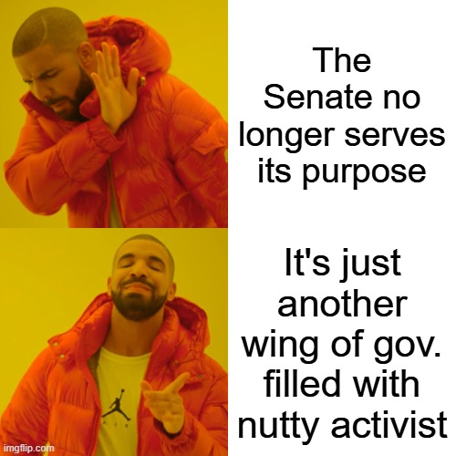 SEN. was supposed to counteract the nuts in the house. | The Senate no longer serves its purpose; It's just another wing of gov. filled with nutty activist | image tagged in memes,drake hotline bling | made w/ Imgflip meme maker