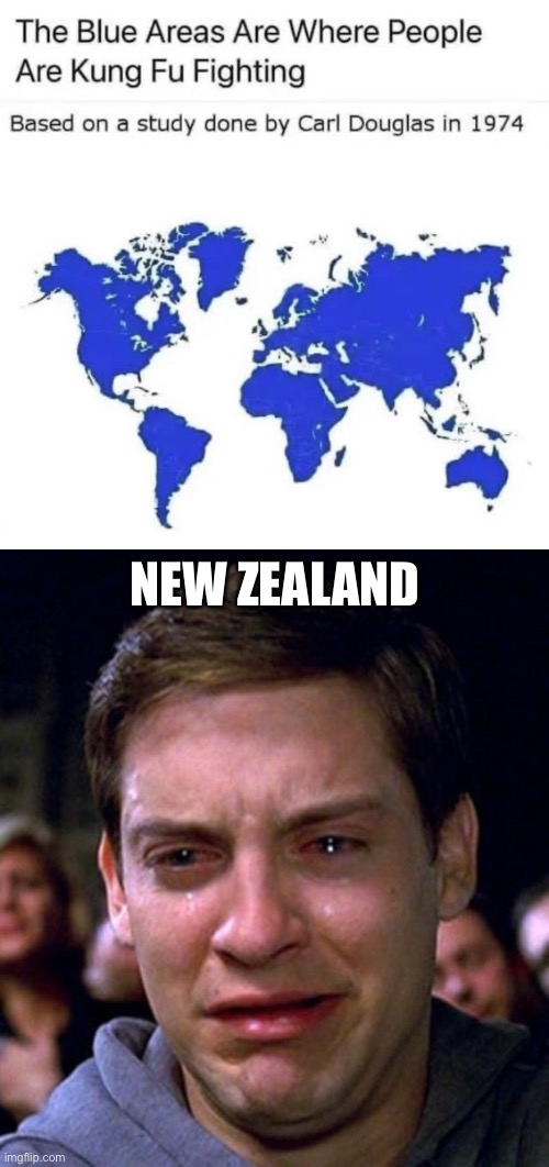 New Zealand has been left out of the World Map…again | New Zealand | image tagged in crying peter parker,world map,memes,new zealand,funny,kung fu | made w/ Imgflip meme maker