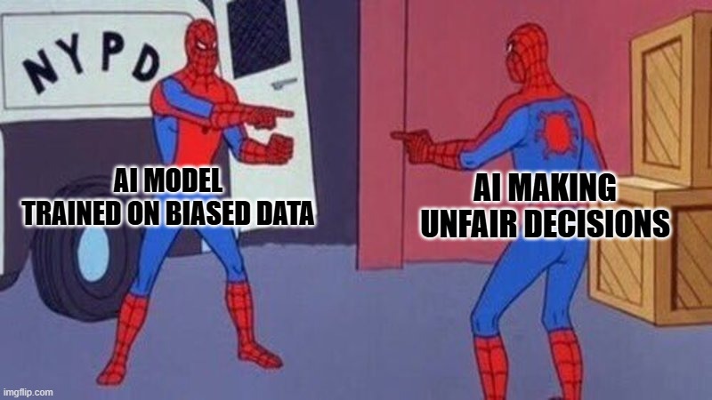 spiderman pointing at spiderman | AI model trained on biased data; AI making unfair decisions | image tagged in spiderman pointing at spiderman | made w/ Imgflip meme maker