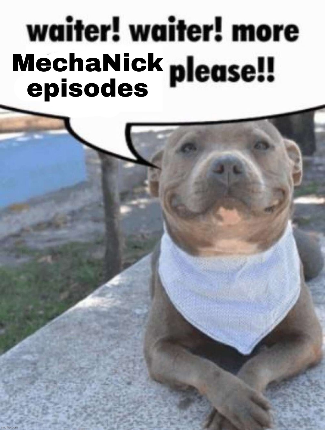 Waiter! Waiter! more MechaNick episodes please!! | MechaNick episodes | image tagged in waiter pit bull,shitpost | made w/ Imgflip meme maker