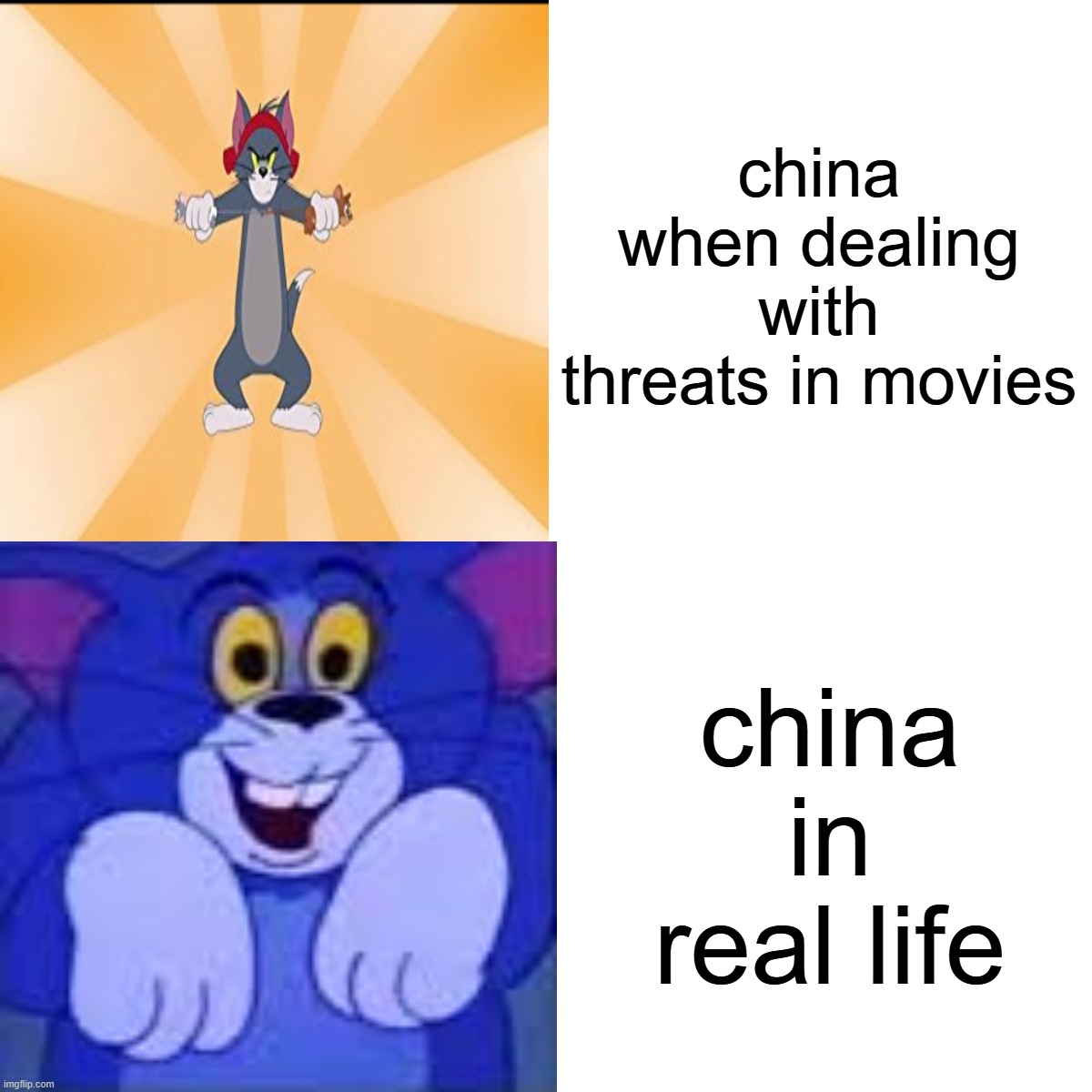this is true | china when dealing with threats in movies; china in real life | image tagged in memes,drake hotline bling | made w/ Imgflip meme maker
