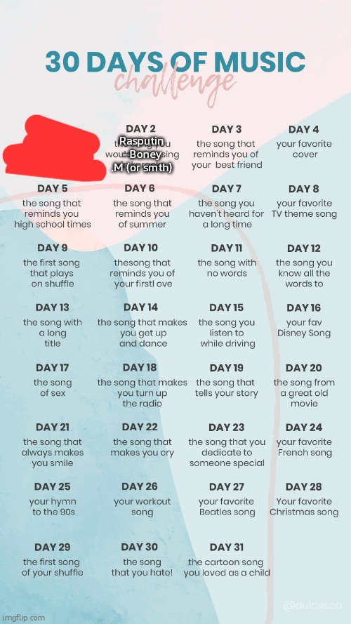 new 'trend'?!! (im skipping day 1 because it is N/A) | Rasputin - Boney .M (or smth) | image tagged in music challenge | made w/ Imgflip meme maker