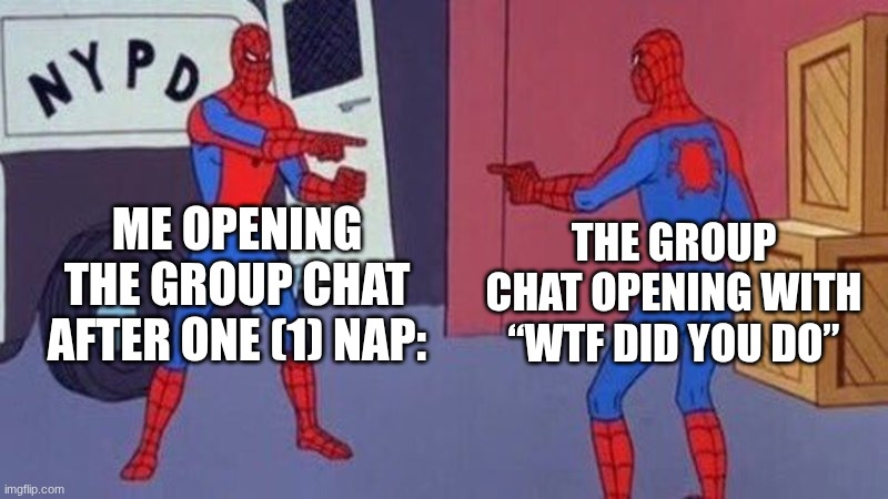 wtf did you do | ME OPENING THE GROUP CHAT AFTER ONE (1) NAP:; THE GROUP CHAT OPENING WITH “WTF DID YOU DO” | image tagged in spiderman pointing at spiderman,wtf,wtf did you do,bruh,group chats,wow | made w/ Imgflip meme maker