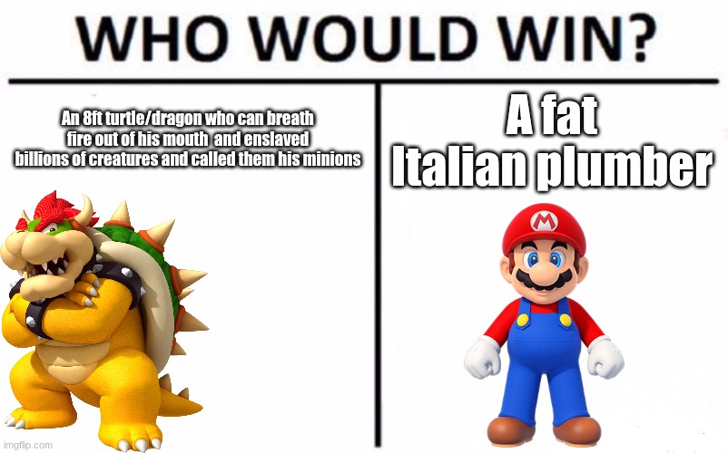 Super Mario | An 8ft turtle/dragon who can breath fire out of his mouth  and enslaved billions of creatures and called them his minions; A fat Italian plumber | image tagged in memes,who would win | made w/ Imgflip meme maker