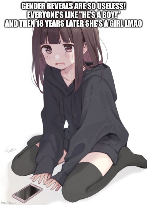 Sad anime girl | Gender reveals are so useless!
Everyone's like "he's a boy!"
And then 18 years later she's a girl lmao | image tagged in sad anime girl | made w/ Imgflip meme maker