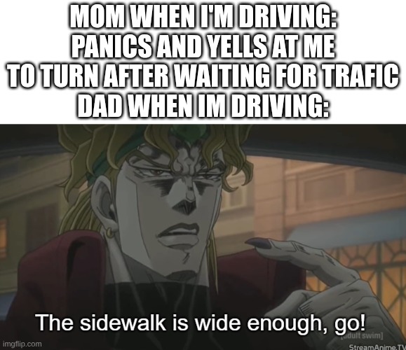 pov: parents in car while you drive | mom when I'm driving: panics and yells at me to turn after waiting for trafic
dad when Im driving: | image tagged in the sidewalk is wide enough go,dio,jojo's bizarre adventure | made w/ Imgflip meme maker