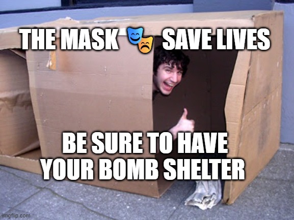 Cardboard Box House | The mask 🎭 save lives; be sure to have your bomb shelter | image tagged in cardboard box house | made w/ Imgflip meme maker