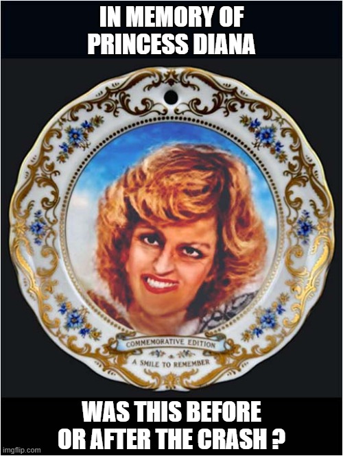 A 'Tasteful' Commemorative Plate ? | In Memory Of Princess Diana; Was this before or after the crash ? | image tagged in diana,plate,crash | made w/ Imgflip meme maker