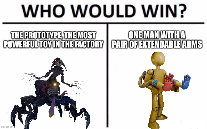 Who Would Win? | the prototype, the most powerful toy in the factory; one man with a pair of extendable arms | image tagged in memes,who would win | made w/ Imgflip meme maker