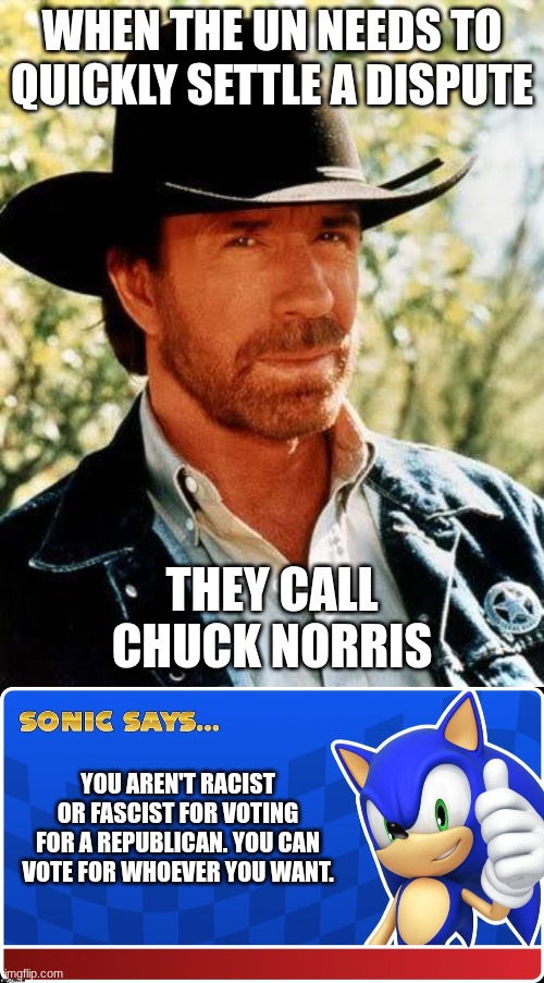 When the UN needs to quickly settle a dispute; They call Chuck Norris; You aren't racist or fascist for voting for a republican. You can vote for whoever you want. | image tagged in memes,chuck norris,sonic says s asr | made w/ Imgflip meme maker