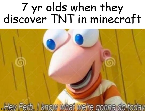 Meme | 7 yr olds when they discover TNT in minecraft | image tagged in hey ferb | made w/ Imgflip meme maker