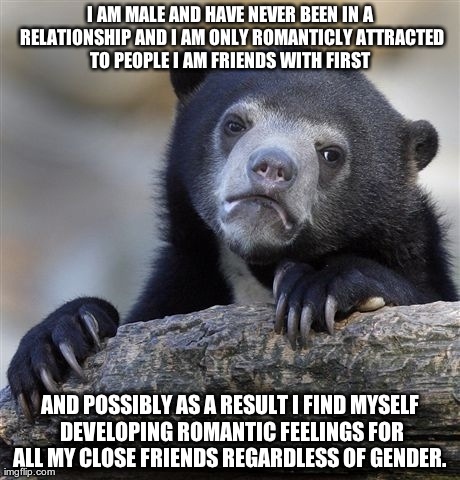 Confession Bear Meme | I AM MALE AND HAVE NEVER BEEN IN A RELATIONSHIP AND I AM ONLY ROMANTICLY ATTRACTED TO PEOPLE I AM FRIENDS WITH FIRST  AND POSSIBLY AS A RESU | image tagged in memes,confession bear | made w/ Imgflip meme maker