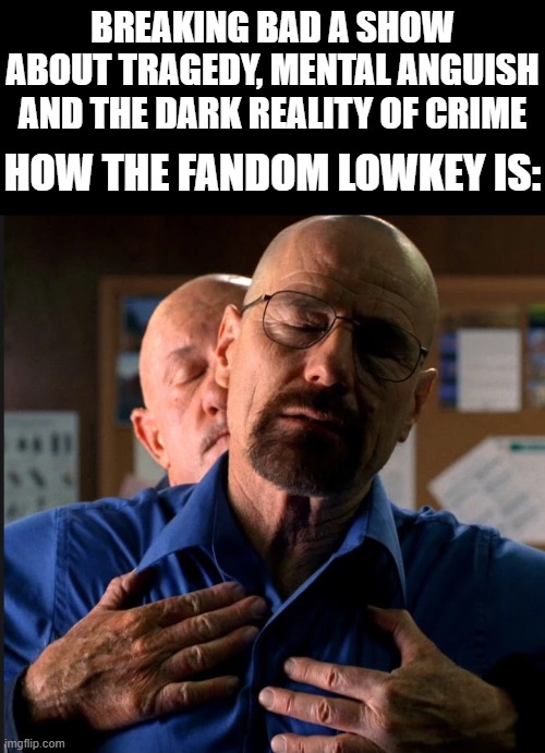 BB fans has to be one of the most funniest fandom ever | breaking bad a show about tragedy, mental anguish and the dark reality of crime; how the fandom lowkey is: | image tagged in breaking bad | made w/ Imgflip meme maker