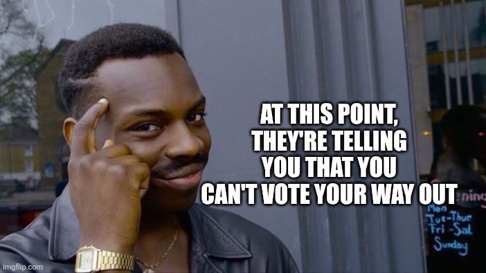 Roll Safe Think About It | At this point, they're telling you that you can't vote your way out | image tagged in memes,roll safe think about it | made w/ Imgflip meme maker