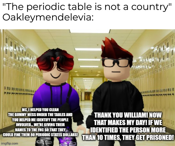 "The periodic table is not a country"
Oakleymendelevia: | made w/ Imgflip meme maker