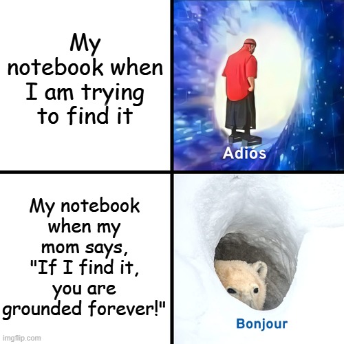 . | My notebook when I am trying to find it; My notebook when my mom says, "If I find it, you are grounded forever!" | image tagged in adios bonjour | made w/ Imgflip meme maker