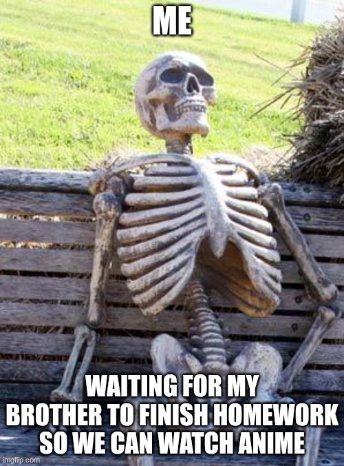 This is why I can't watch anything :( | Me; Waiting for my brother to finish homework so we can watch anime | image tagged in memes,waiting skeleton,anime | made w/ Imgflip meme maker