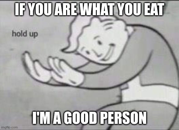brooo | if you are what you eat; I'm a good person | image tagged in fallout hold up,funny | made w/ Imgflip meme maker