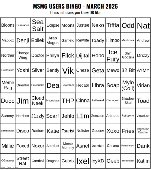 this bingo is inaccurate it should be xor not or | image tagged in msmg users bingo march 2026 | made w/ Imgflip meme maker