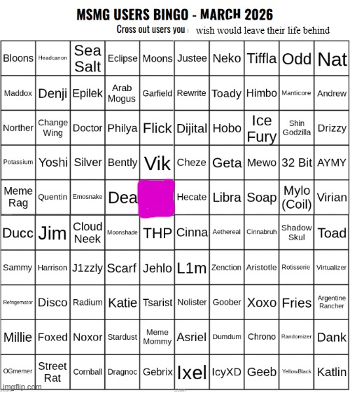 MSMG Users Bingo (March 2026) | wish would leave their life behind | image tagged in msmg users bingo march 2026 | made w/ Imgflip meme maker