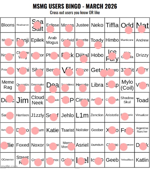 didnt put the ppl that i dont rlly care for | image tagged in msmg users bingo march 2026 | made w/ Imgflip meme maker