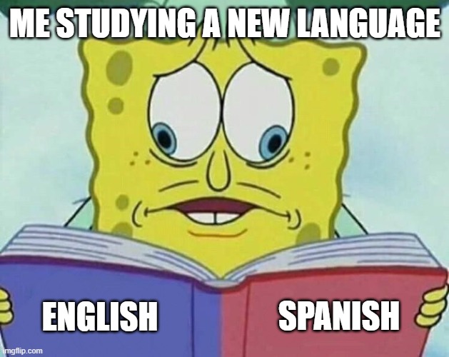 cross eyed spongebob | me studying a new language; Spanish; English | image tagged in cross eyed spongebob | made w/ Imgflip meme maker