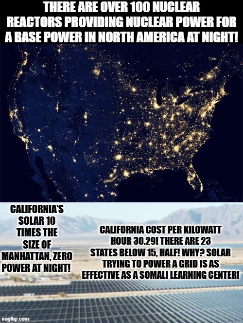 Most ignorant Democrat Scam? Solar Panels for a power grid or Somali Learning center? | California’s solar 10 times the size of Manhattan, zero power at night! California	cost per Kilowatt hour 30.29! There are 23 states below 15, half! Why? Solar trying to power a grid is as effective as a Somali Learning center! | image tagged in you can't fix stupid,stupid liberals | made w/ Imgflip meme maker