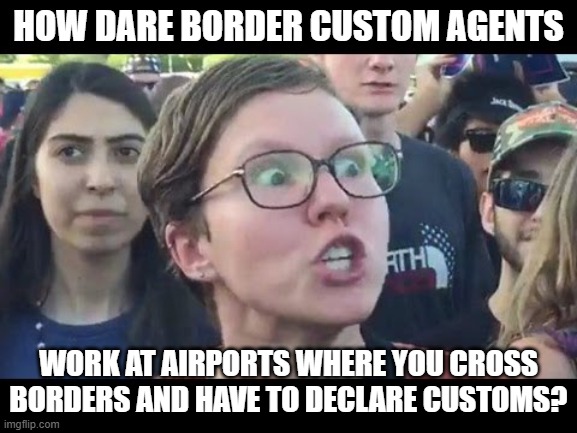 Angry sjw | How dare Border Custom Agents work at airports where you cross borders and have to declare customs? | image tagged in angry sjw | made w/ Imgflip meme maker