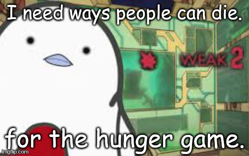 Weak | I need ways people can die. for the hunger game. | image tagged in weak | made w/ Imgflip meme maker