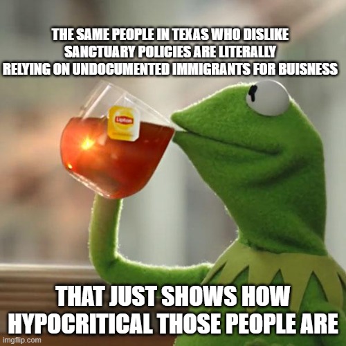 SCREW MAGA | The same people in Texas who dislike sanctuary policies are literally relying on undocumented immigrants for buisness; that just shows how hypocritical those people are | image tagged in memes,but that's none of my business,kermit the frog | made w/ Imgflip meme maker