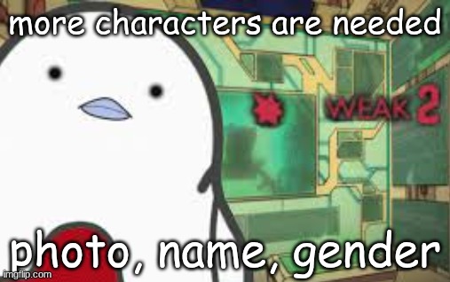 Weak | more characters are needed; photo, name, gender | image tagged in weak | made w/ Imgflip meme maker