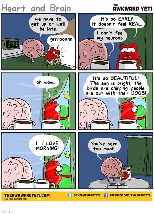 It’s morning time | image tagged in comics,the awkward yeti,heart and brain,morning,get up,seen too much | made w/ Imgflip meme maker