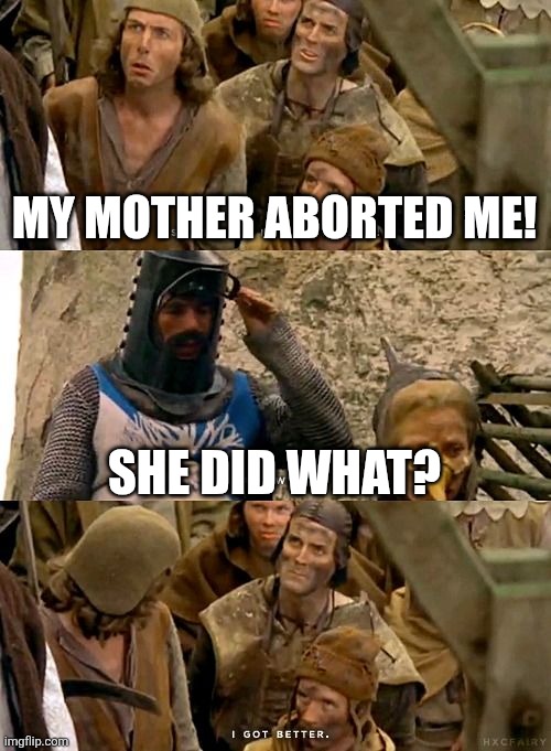 My mother aborted me! She did what? | image tagged in she turned me into a newt | made w/ Imgflip meme maker