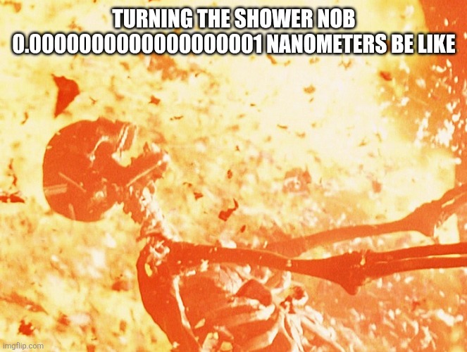 Real | Turning the shower nob 0.0000000000000000001 nanometers be like | image tagged in fire skeleton | made w/ Imgflip meme maker