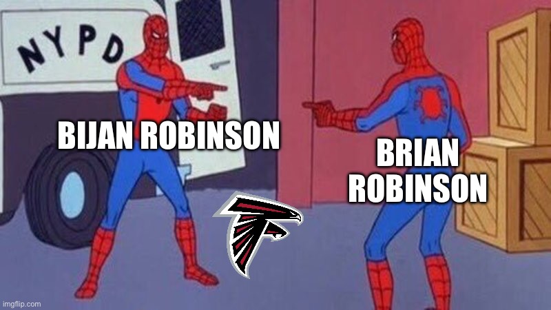 spiderman pointing at spiderman | bijan robinson; brian robinson | image tagged in spiderman pointing at spiderman | made w/ Imgflip meme maker