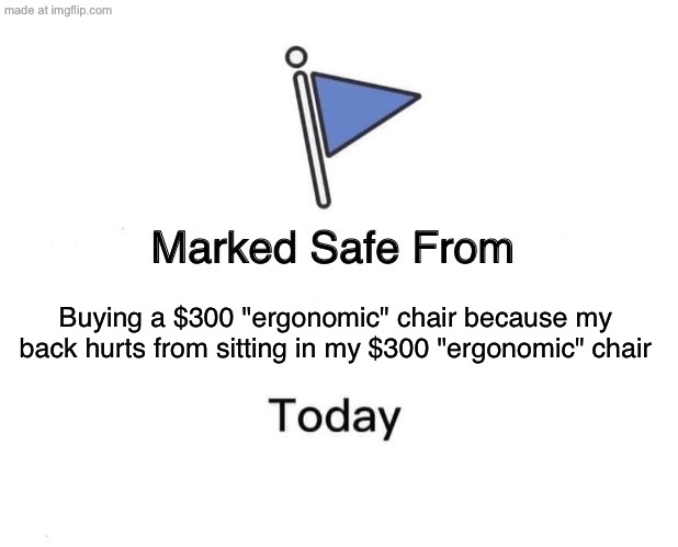 Buying a $300 "ergonomic" chair because my back hurts from sitting in my $300 "ergonomic" chair | Buying a $300 "ergonomic" chair because my back hurts from sitting in my $300 "ergonomic" chair | image tagged in memes,marked safe from,back,pain,safe,health | made w/ Imgflip meme maker