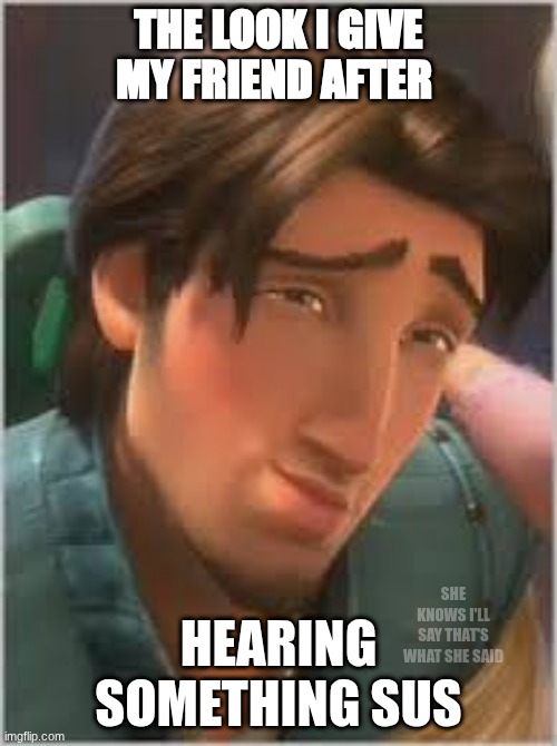 The look I give my friend after; hearing something sus; she knows I'll say that's what she said | image tagged in the smoulder,flynn ryder,eugene fitzherbert,friends,best friends,that's what she said | made w/ Imgflip meme maker