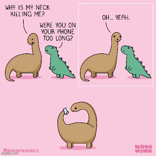 image tagged in dinosaurs,t-rex,brontosaurus,neck,pain,phone | made w/ Imgflip meme maker
