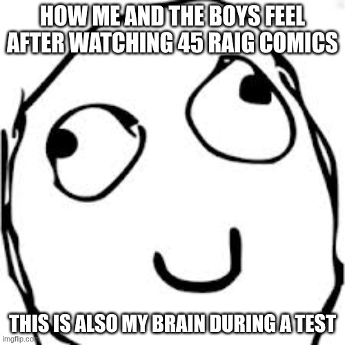 idk | How me and the boys feel after watching 45 raig comics; This is also my brain during a test | image tagged in memes,derp,funny,me and the boys | made w/ Imgflip meme maker