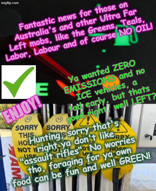 Good News, want NO OIL? Fuel? And ZERO EMISSIONS? Ya wanted to be GREEN, right? Well LEFT. ENJOY! | Fantastic news for those on Australia's and other Ultra Far Left mobs, like the Greens, Teals, Labor, Labour and of course NO OIL! Ya wanted ZERO EMISSIONS and no ICE vehicles, a tad early, but thats good right, well LEFT? ENJOY! Hunting, sorry that's right ya don't like "assault rifles". No worries tho, foraging for ya own food can be fun and well GREEN! Yarra Man | image tagged in ultra far left greens teals labor labour,no ice vehicles carbon neutral,australia fuel crisis,albanese stalin starmer,useless | made w/ Imgflip meme maker