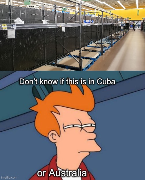 Can’t tell | Don’t know if this is in Cuba; or Australia | image tagged in empty store shelves,memes,futurama fry,politics lol | made w/ Imgflip meme maker