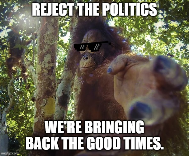 Remember the good days bro. | Reject the politics; we're bringing back the good times. | image tagged in return to monke clean version | made w/ Imgflip meme maker
