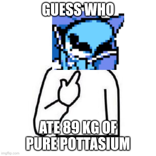 mmmh tasty pottasium | guess who; ate 89 KG of pure pottasium | image tagged in guess who | made w/ Imgflip meme maker