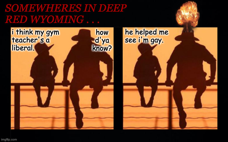 Red state drama. | somewheres in deep
red Wyoming . . . he helped me
see i'm gay. how
d'ya
know? i think my gym
teacher's a
liberal. | image tagged in memes,red state drama | made w/ Imgflip meme maker