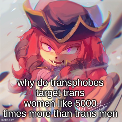 genuine question | why do transphobes target trans women like 5000 times more than trans men | image tagged in knuckles the dread | made w/ Imgflip meme maker
