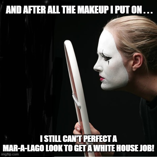 MAGA Makeup Woman | And after all the makeup I put on . . . I still can't perfect a mar-a-lago look to get a white house job! | image tagged in woman in heavy makeup,maga woman,mar-a-lago face,i hate donald trump,i hate maga | made w/ Imgflip meme maker