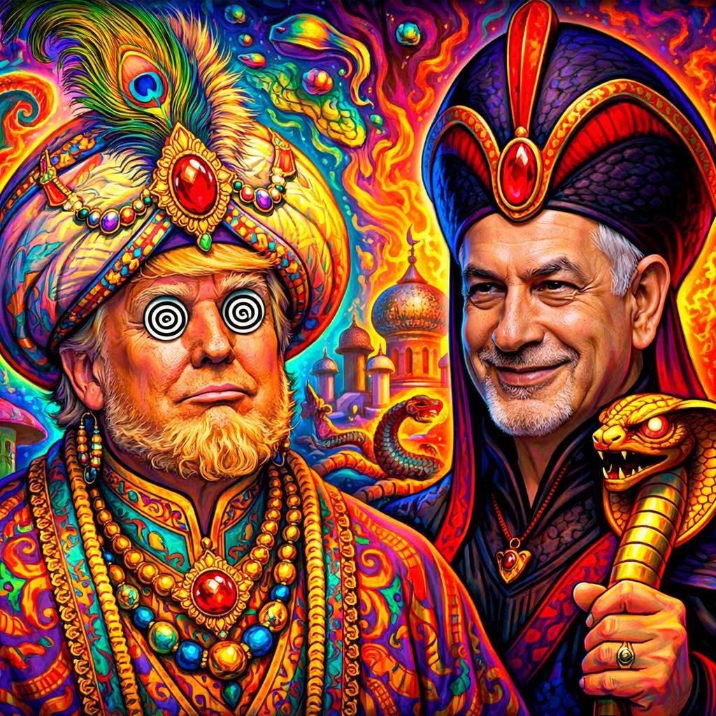 Put Donald Trump face hypnotized on sultan and put  Benjamin Net Blank Meme Template